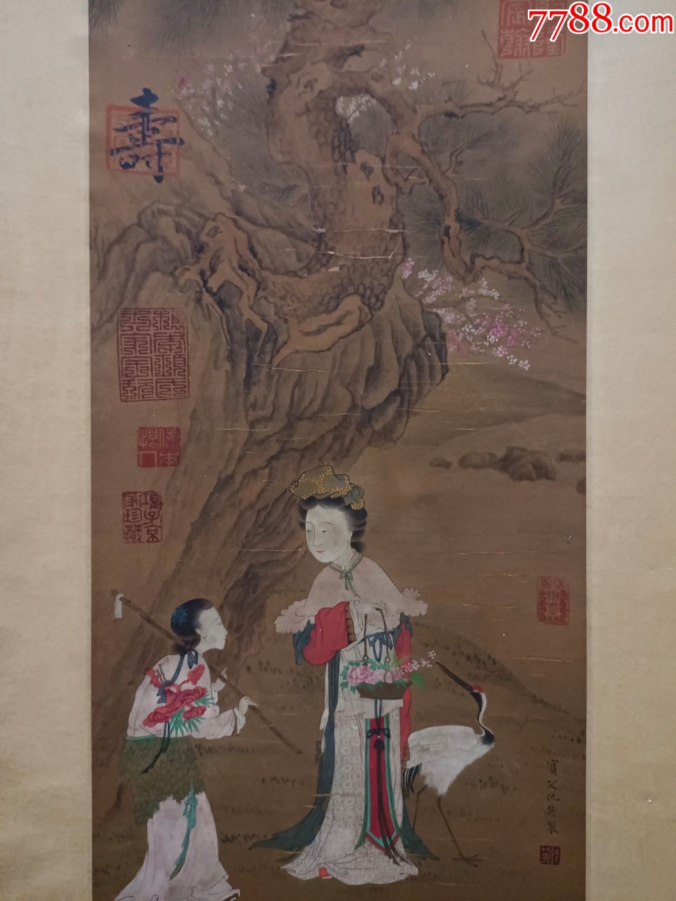 明代仇英精品绢本松鹤仕女图