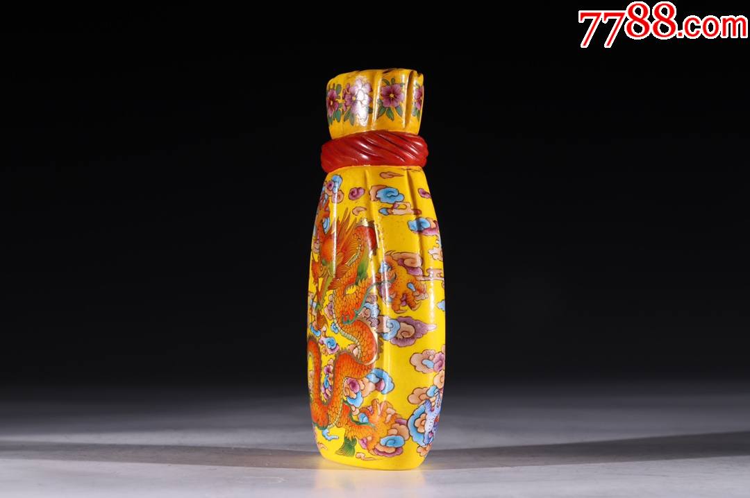 老琉璃祥龙遨游布袋形壶摆件