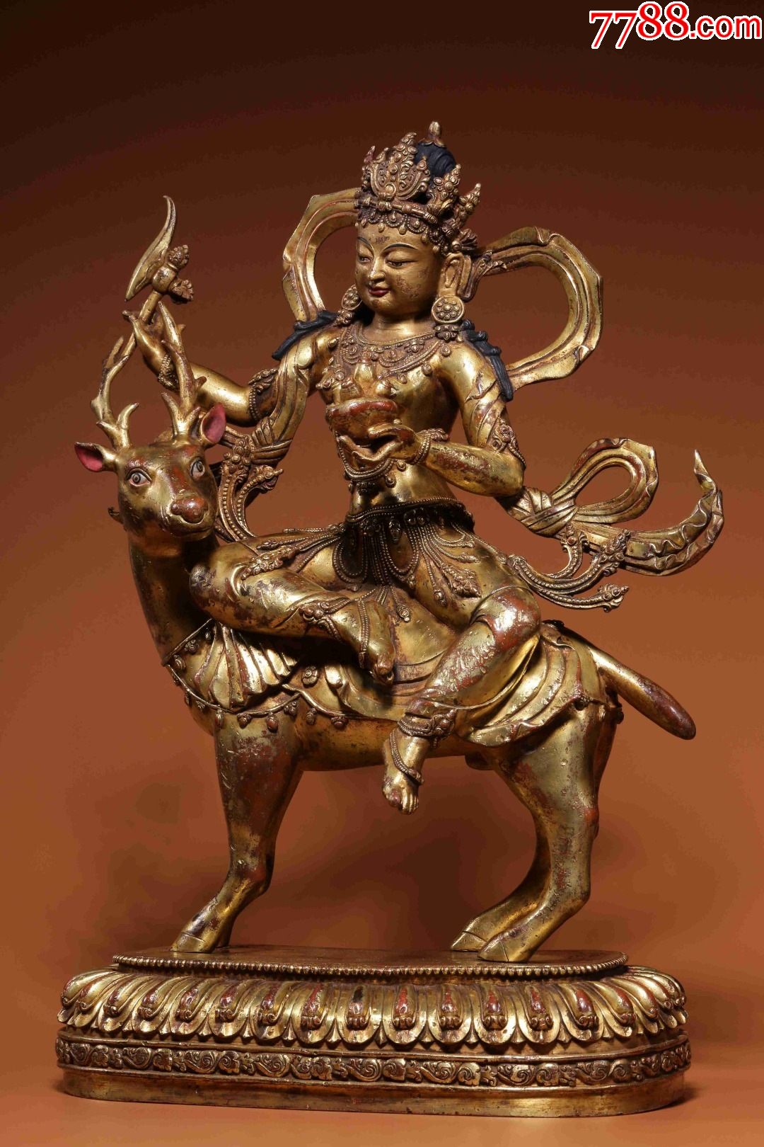 明代,"大明永乐年施"铜鎏金骑鹿菩萨一对_铜像/铜佛像【惊鸿遗藏】_第