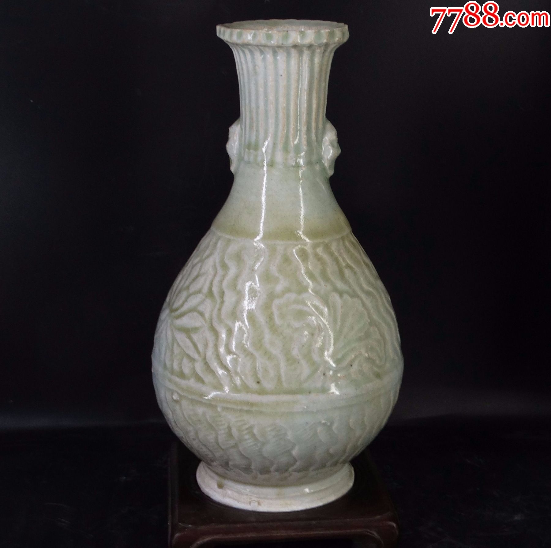 3000-2古玩古董老货北宋南城云市古窑青白釉花口人头耳印花瓶一对