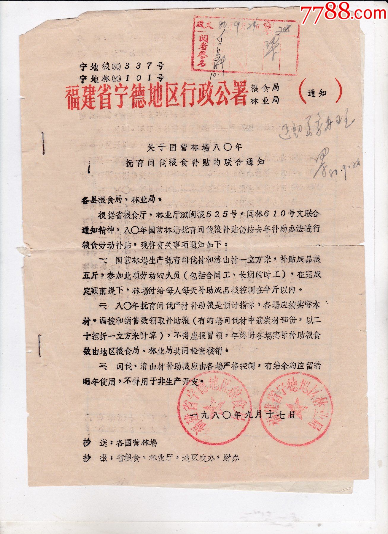 福建宁德地区行政公署粮食局林业局关于国营农场80年抚育间伐粮食补贴