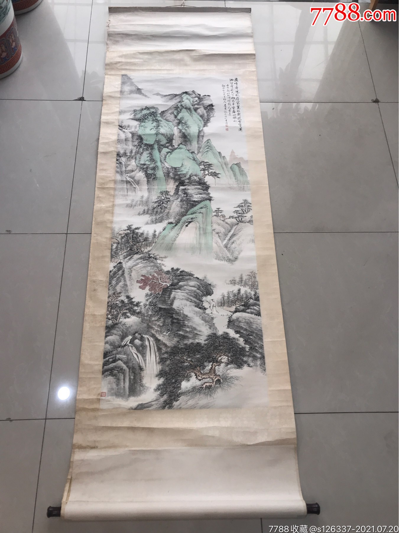 民国浙江温州东仓著名画家楼襄(龙如)精品青绿山水原裱立轴尺寸134*50