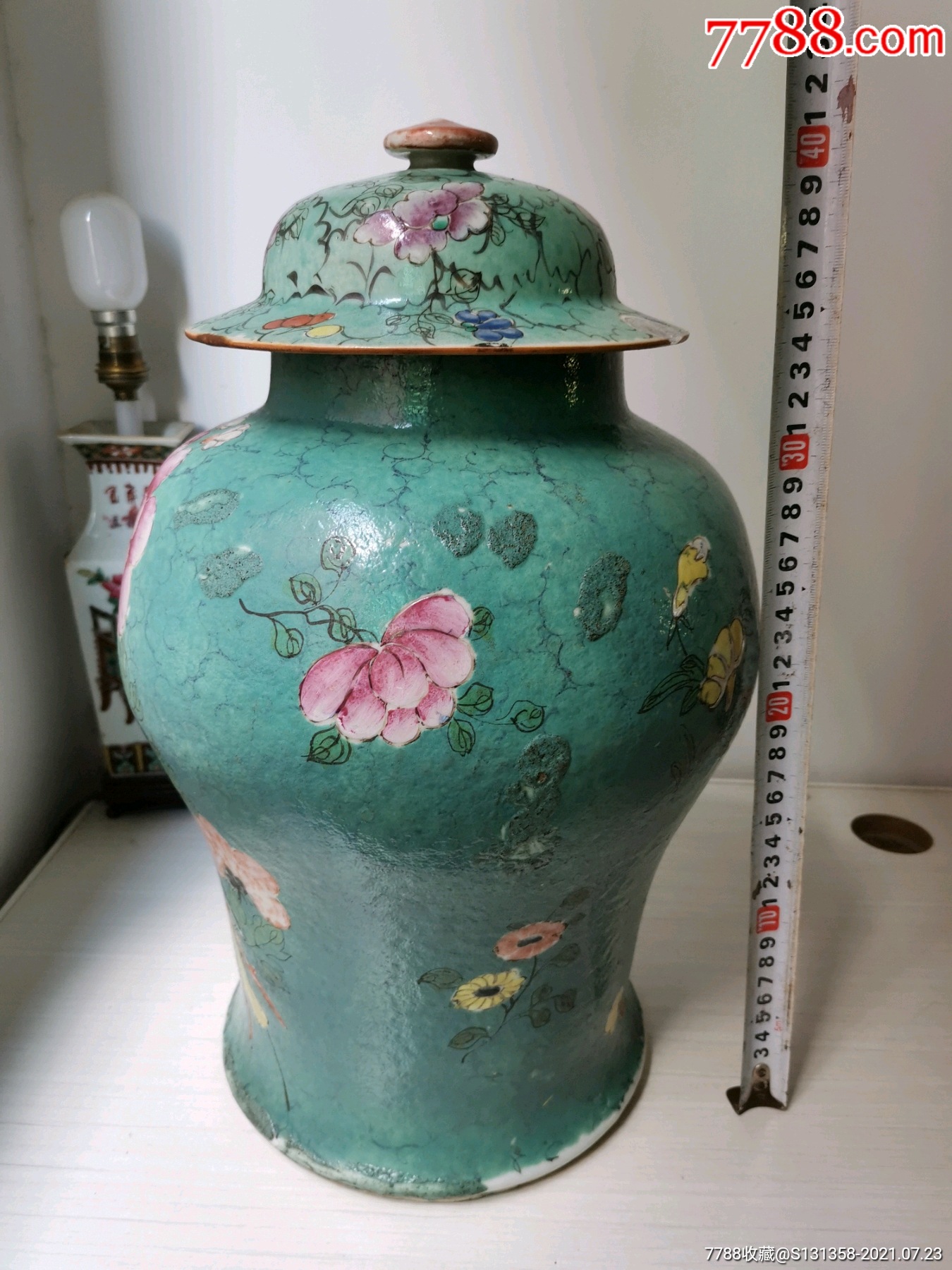 清中晚绿松石釉粉彩花鸟双凤朝阳将军罐