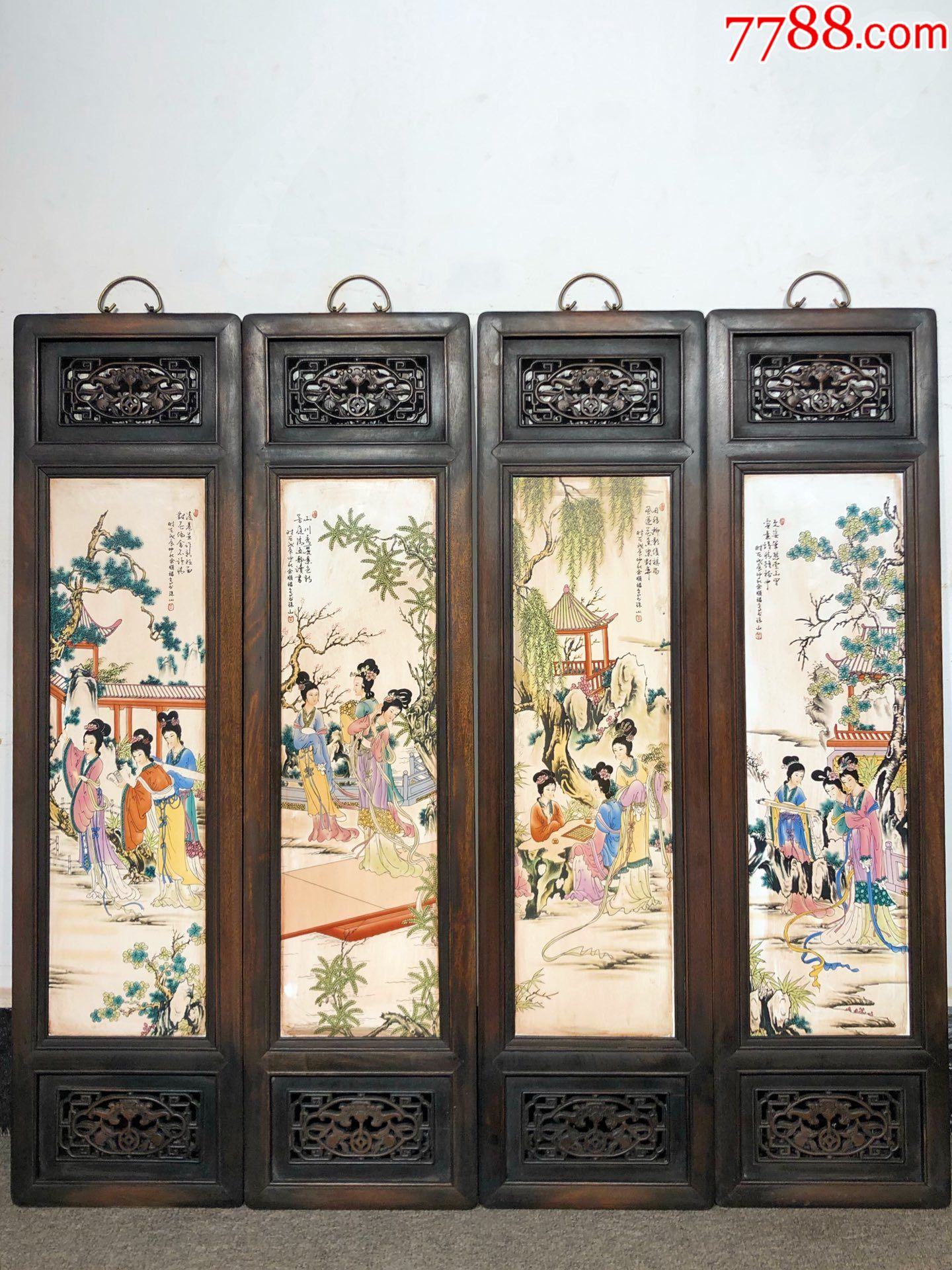 余顺福作品黄花梨雕刻老框镶瓷板画粉彩十二金钗人物四条挂屏