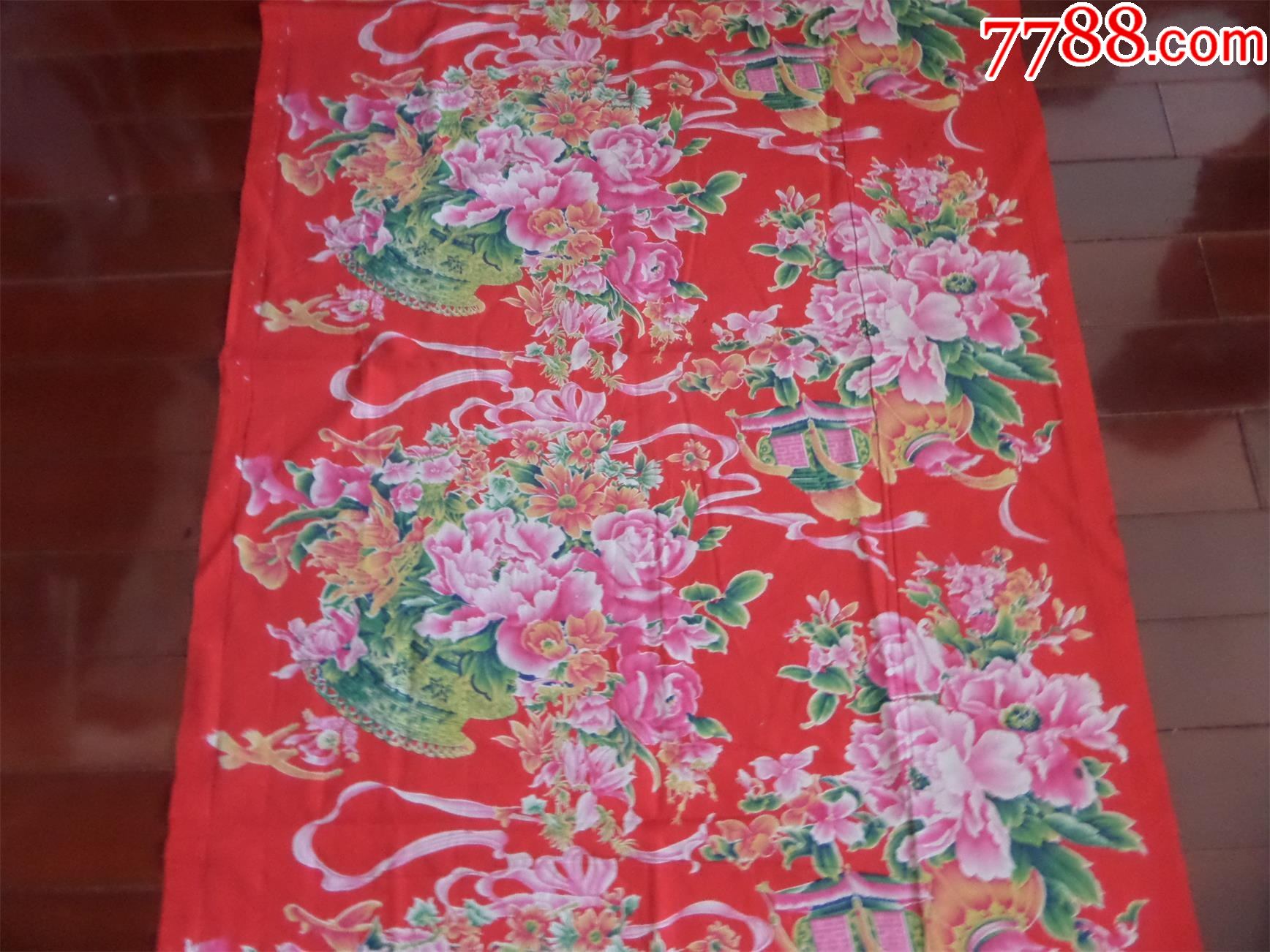 老被面收藏七八十年代东北大花布宫灯花篮图案268
