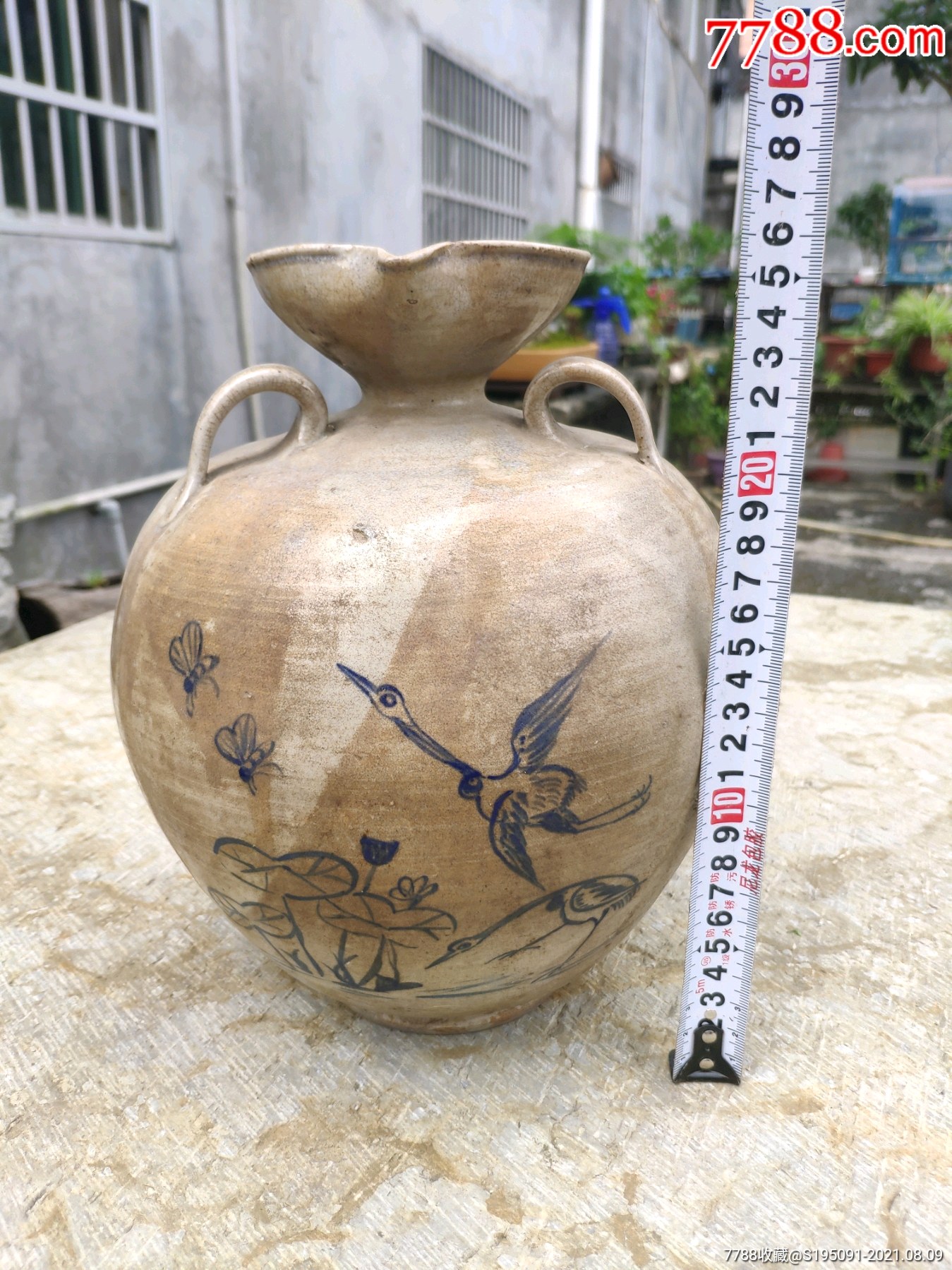 清代手绘三耳青花酒坛陶罐