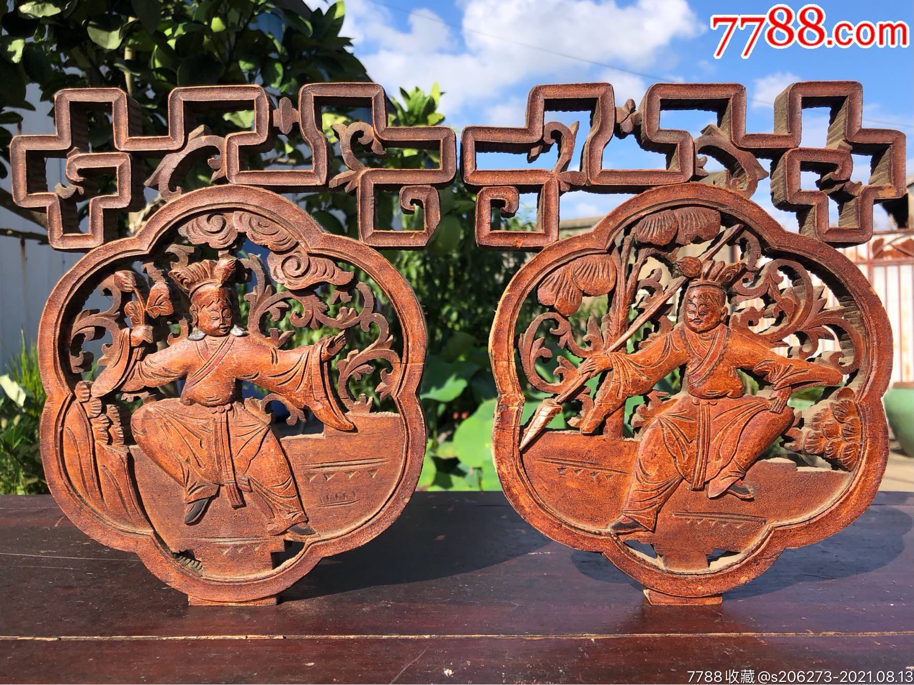 【民国】和合二仙人物挂件花板一对-价格:399元-se81989472-木雕花板
