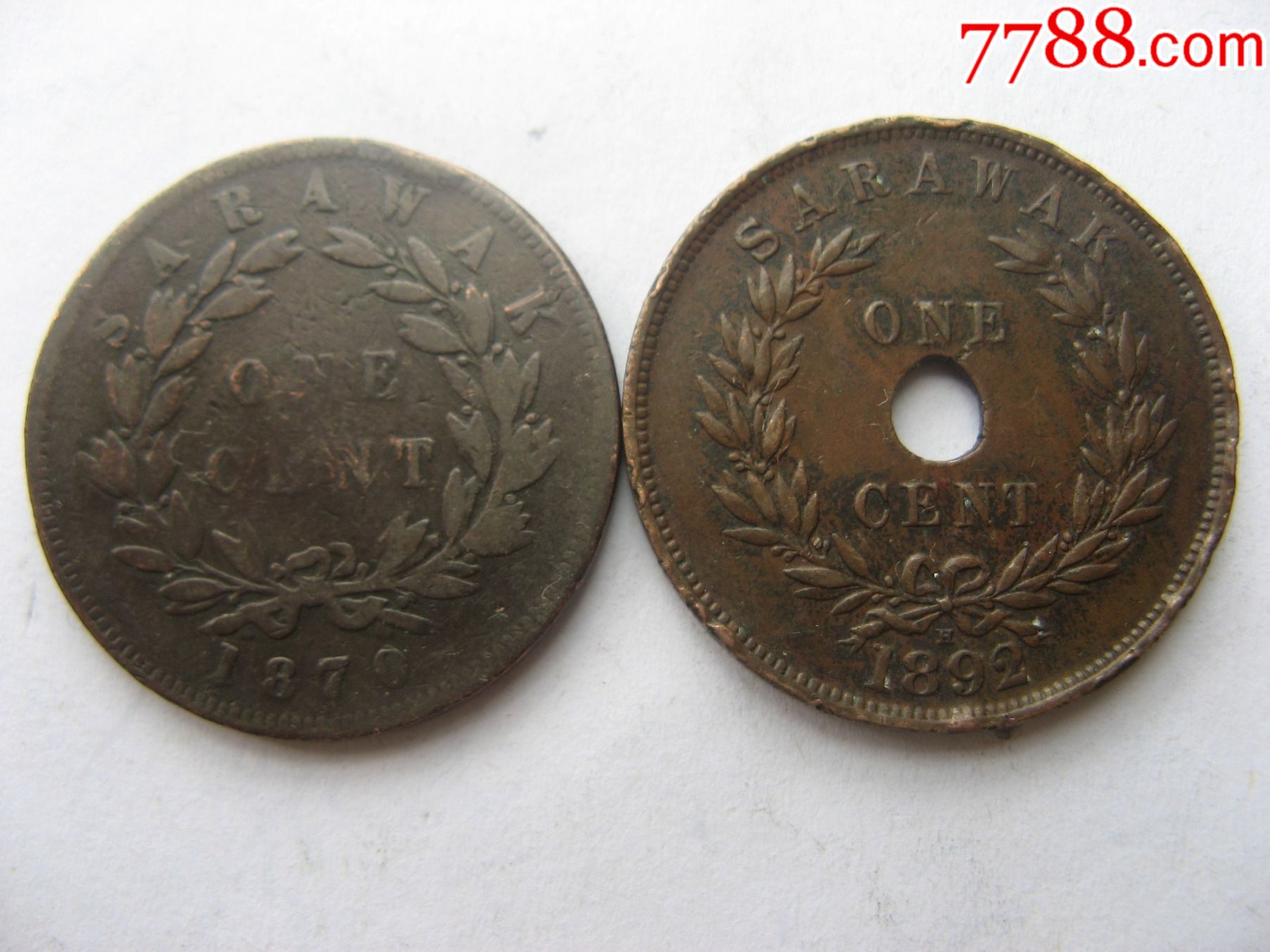 1870和182英属沙捞越一分铜币2个