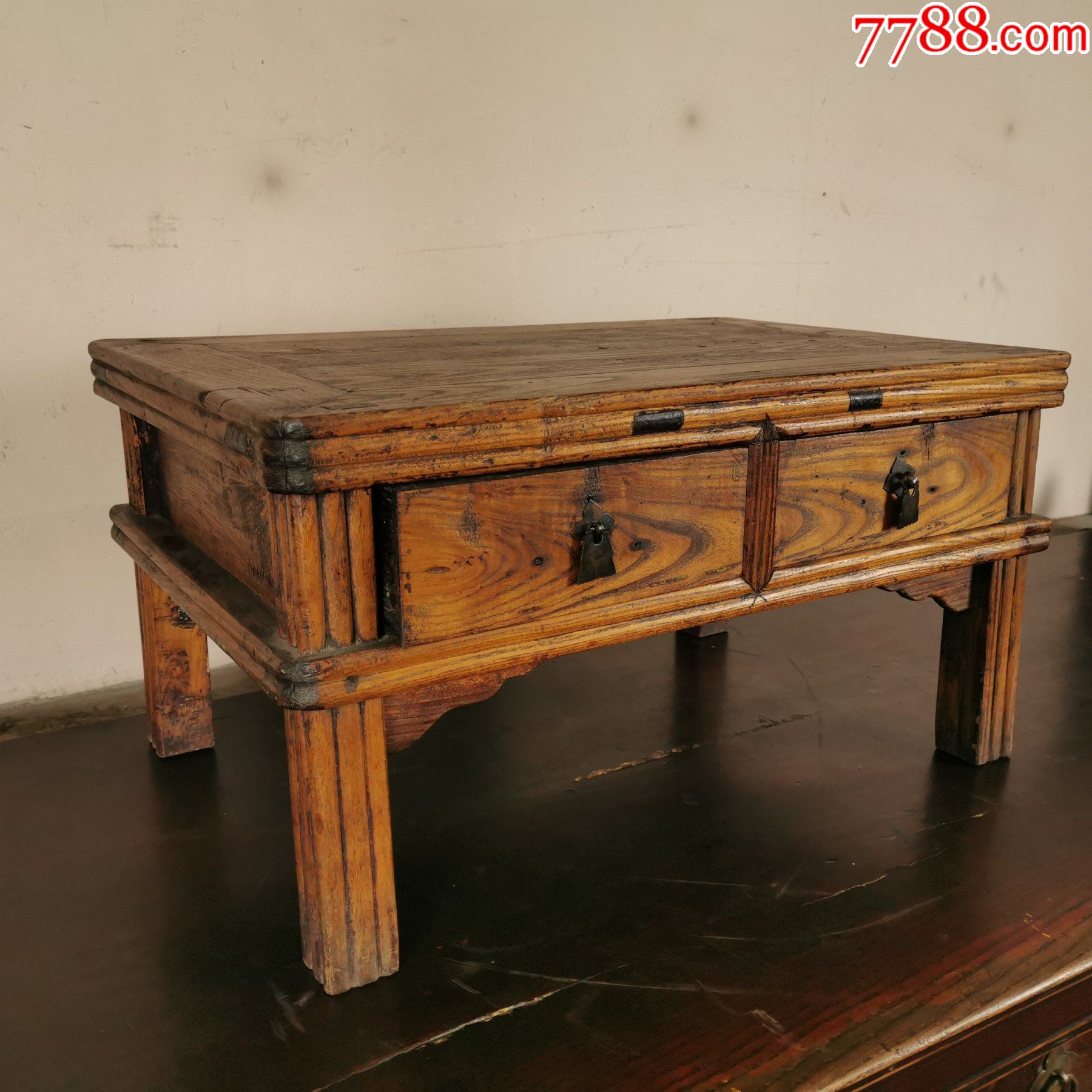 民国榆木书桌方桌子双屉竹节炕桌矮桌木器家具古玩古董收藏老物件