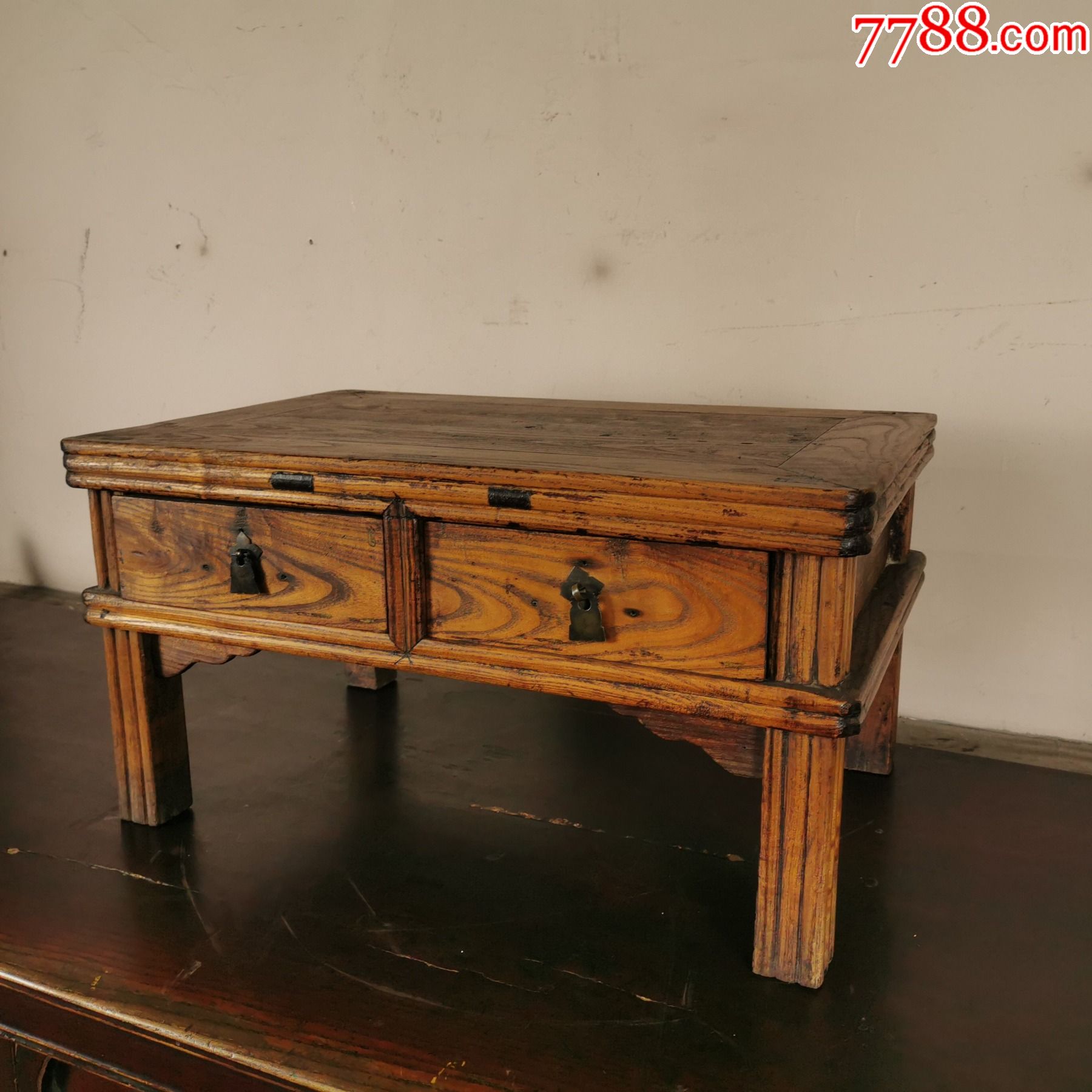 民国榆木书桌方桌子双屉竹节炕桌矮桌木器家具古玩古董收藏老物件