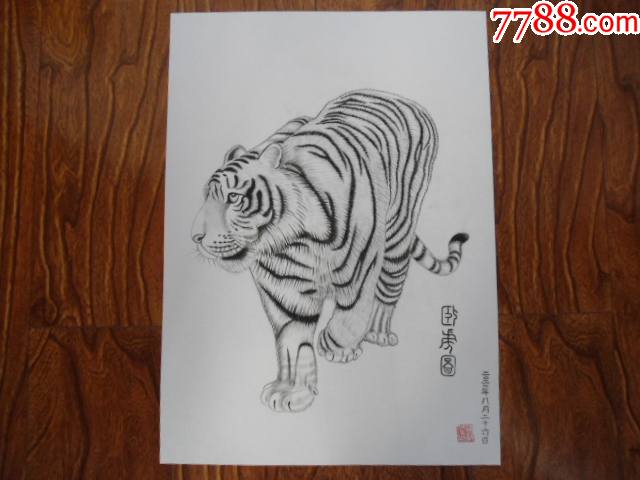 手绘炭描画素虎图卧虎图