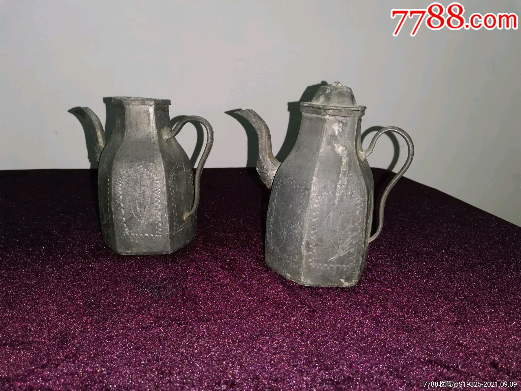 錾花六面老锡壶一对手工錾花加龙头壶嘴纯手工制作包老保真