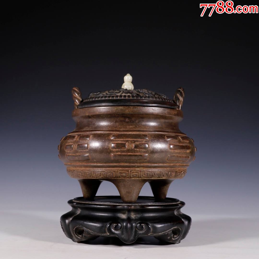 旧藏老铜胎带紫檀底盖镶和田玉钮香薰炉_香炉/香器_老玩物古玩收藏