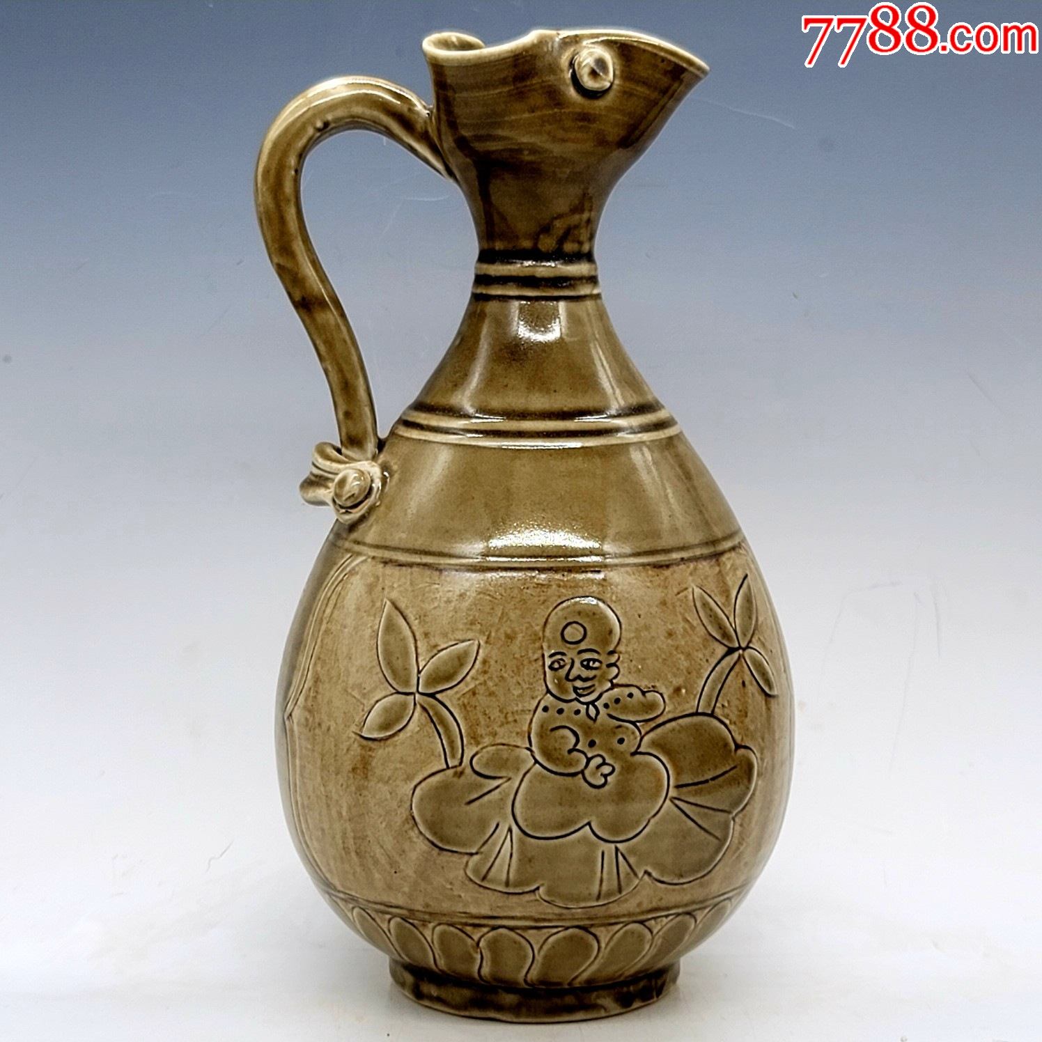 定窑酱釉婴戏纹提壶尺寸24115工艺品