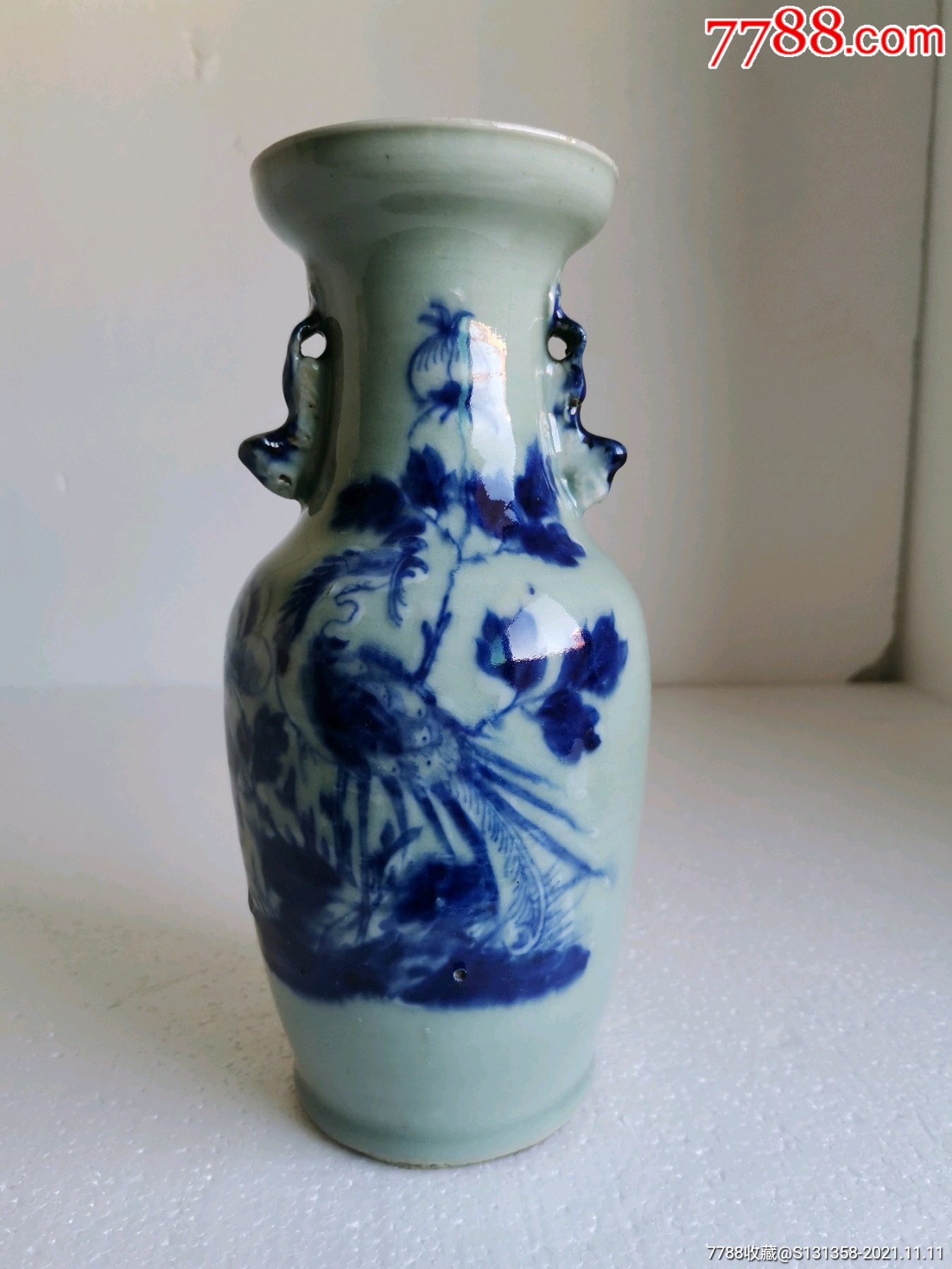 清中豆青釉青花加白凤穿牡丹尺瓶_价格2500元【青花瓷迷】_第1张_7788