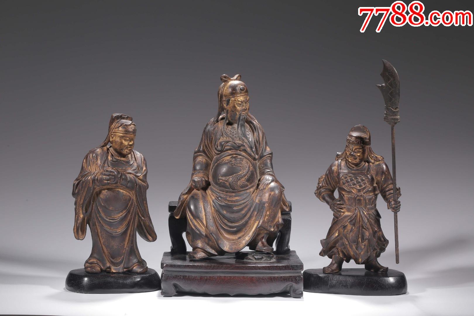 檀香木漆金雕关公关平周仓三个一组配小叶紫檀底座