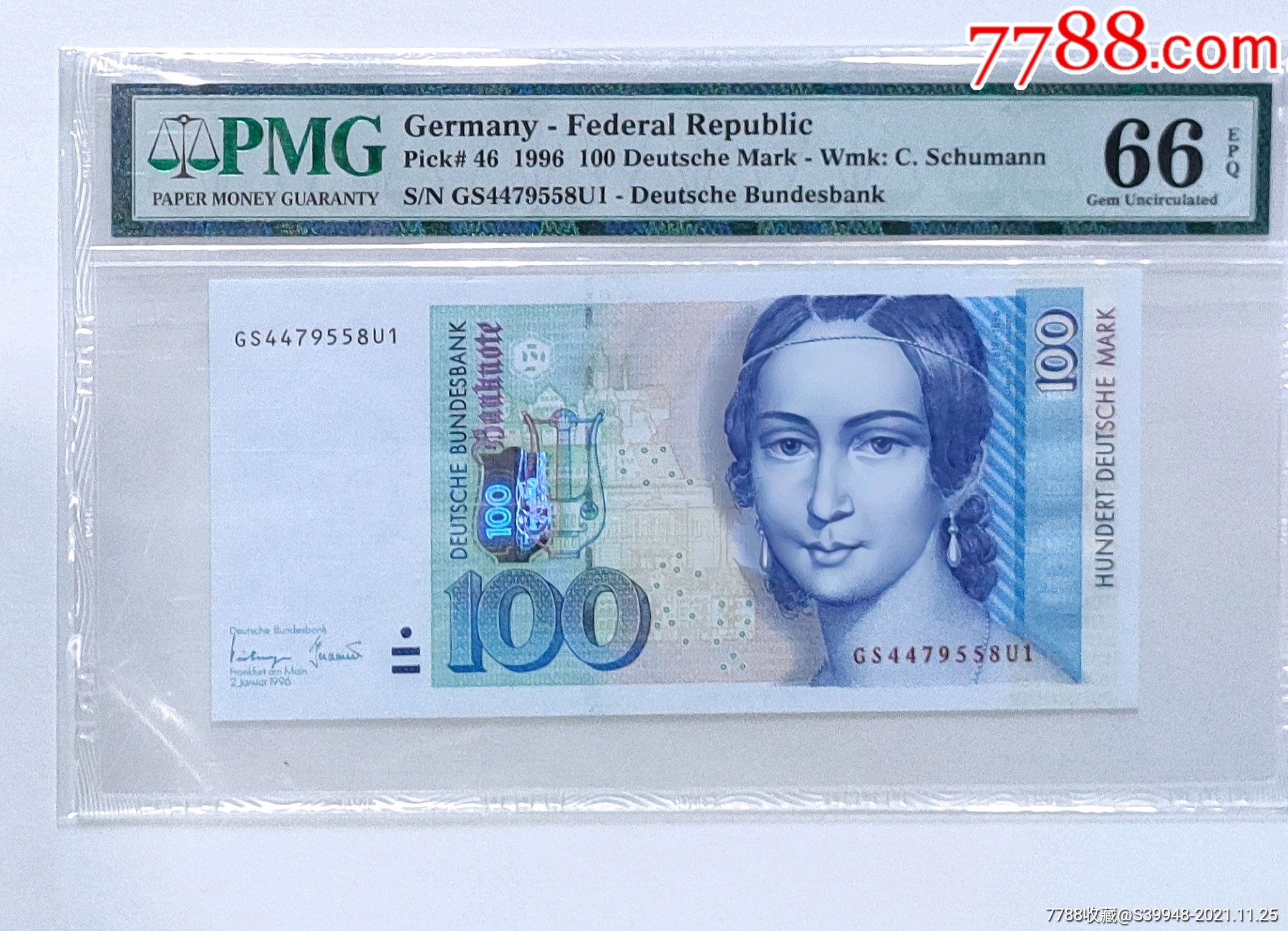 德国纸币1996年100马克pmg66钢琴家克拉拉舒曼-外国钱币-7788字画网