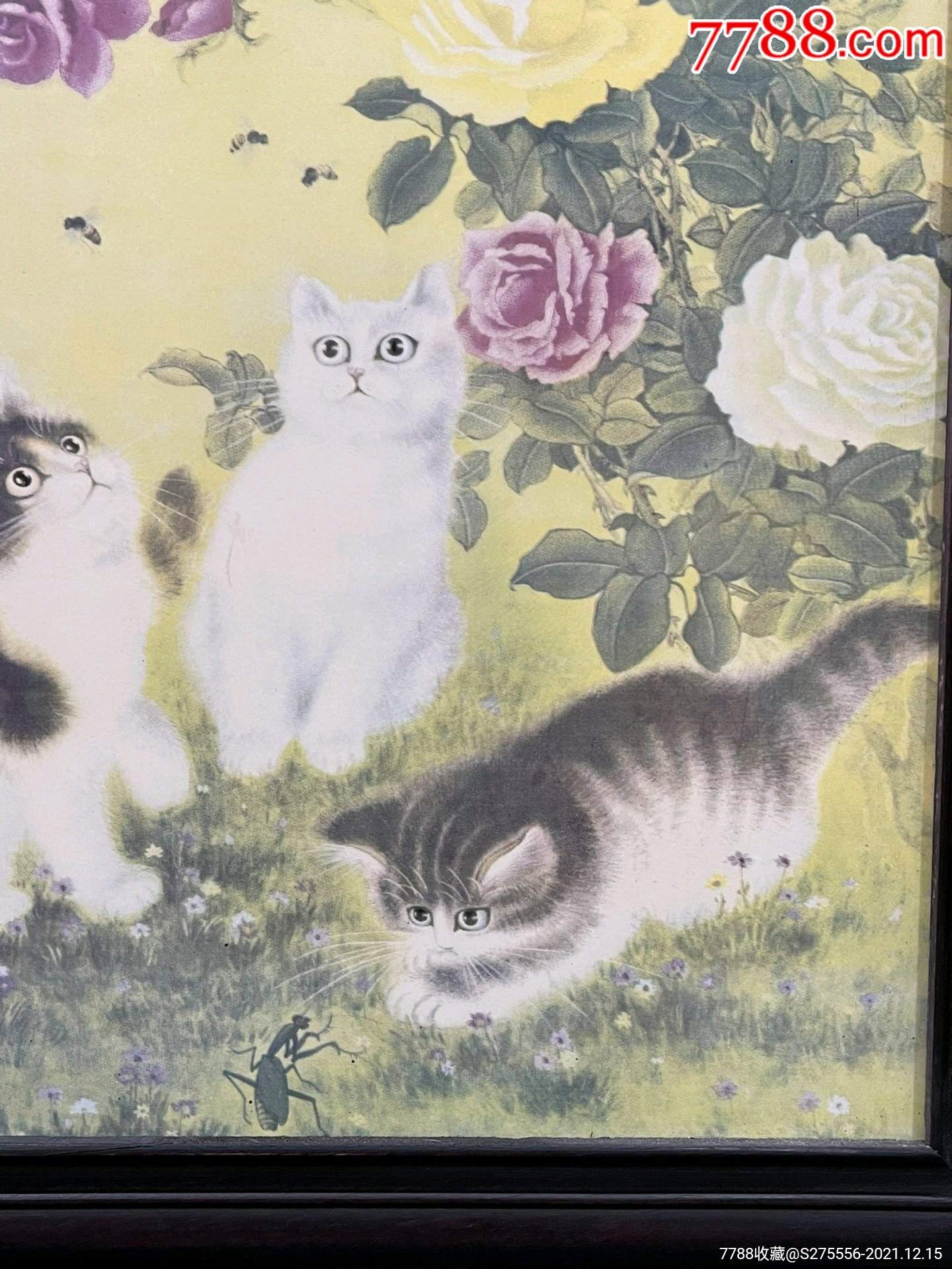 红木镶粉彩花鸟瓷板画《群猫戏蝶图-价格:198元-se84348064-镶嵌瓷/