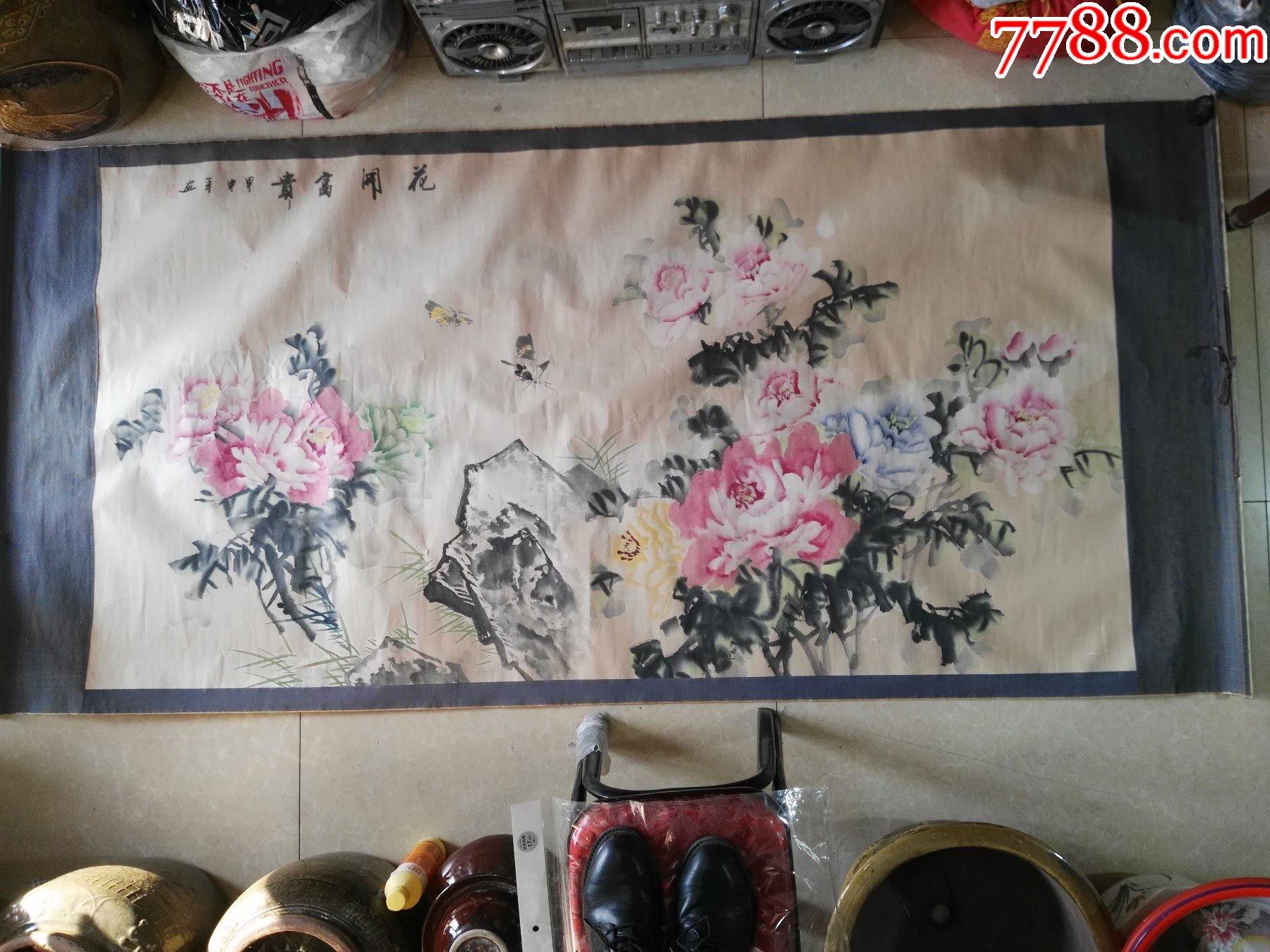 80年代巨幅牡丹蝴蝶图老画家纯手绘非印刷