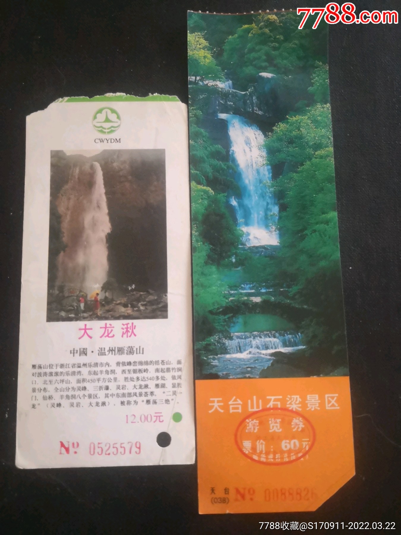 门票2枚大龙湫天台山石梁景区