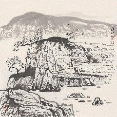 著名画家严良文扇面山水画