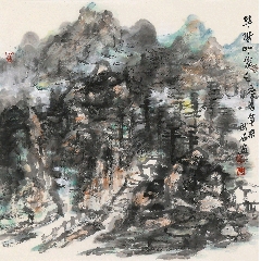 著名画家严良文扇面山水画