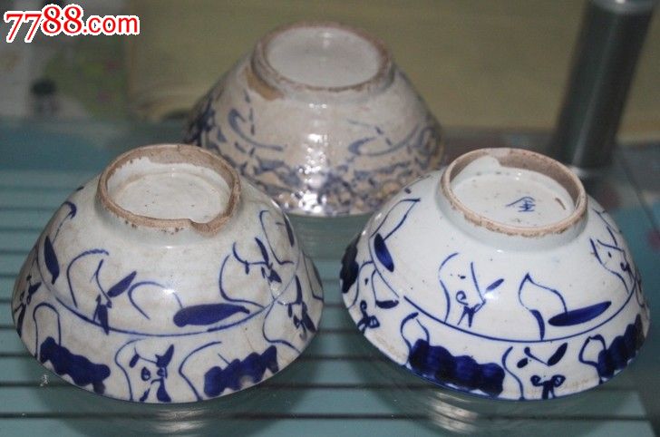 清代碗清花碗古代碗蓝边碗花碗老碗瓷碗开片碗收藏古董碗