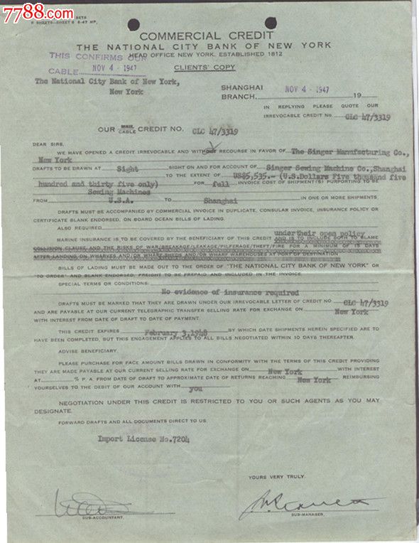 1947年美国花旗银行上海分行英文信用证