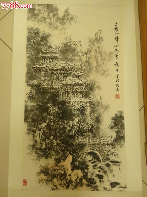 满族书香世家,文人画家何镜涵于北京"玉楼春潮"立轴,古天楼台,石桥