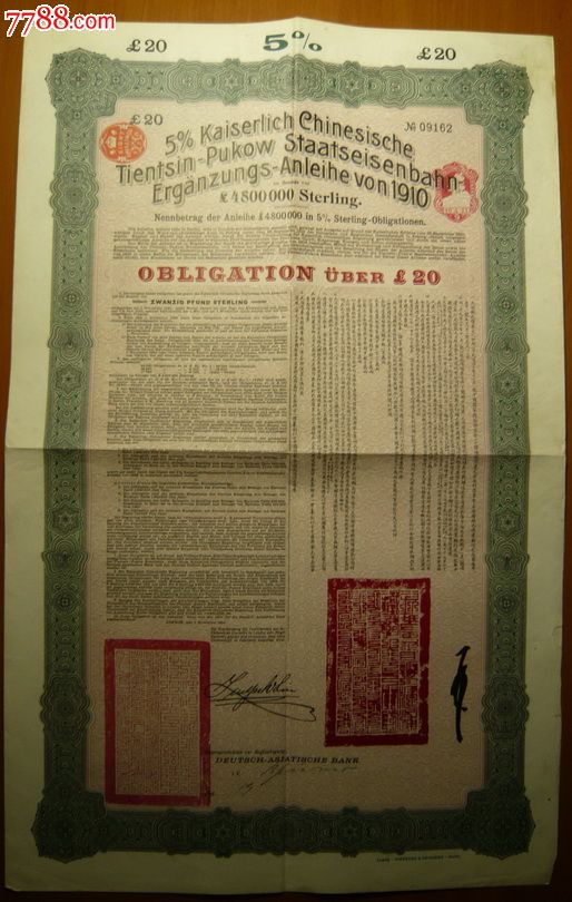 1910年津浦铁路债券20英镑(清朝)
