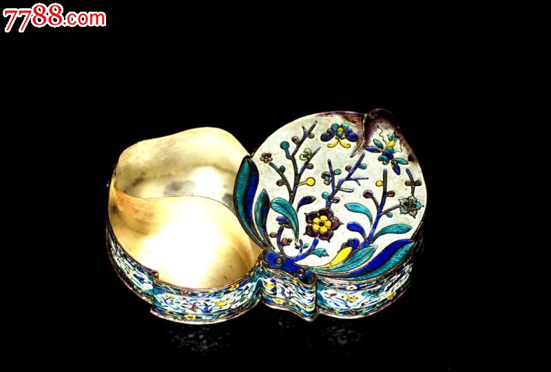 晚清老银烧蓝桃形粉盒