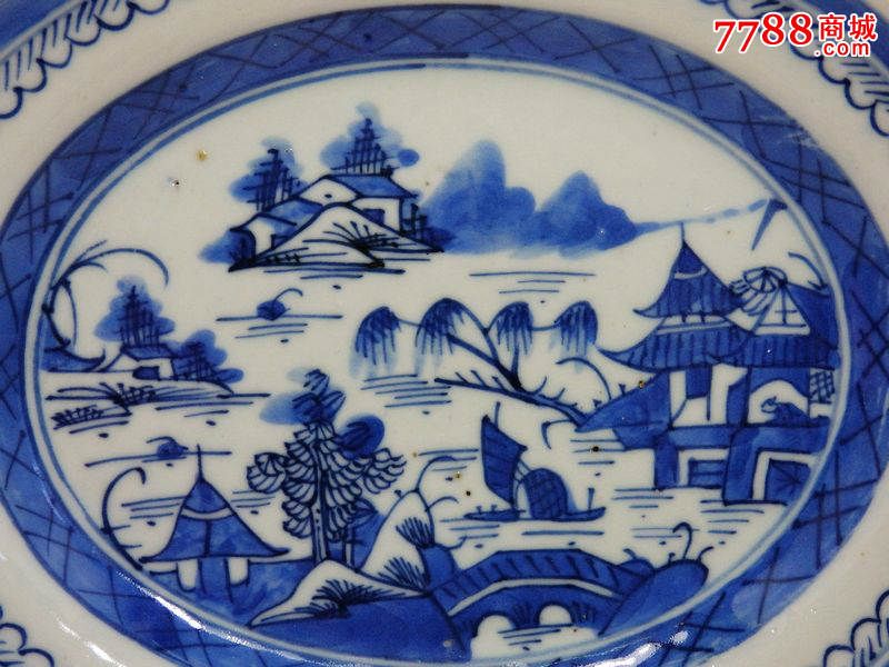 乾隆青花山水绘画盘
