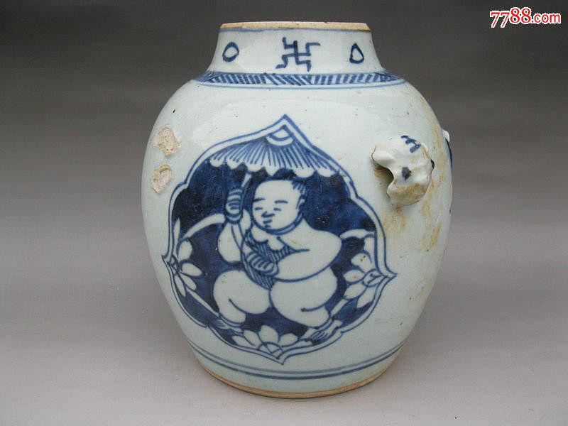 清康熙-青花-持莲童子罐子(标本)