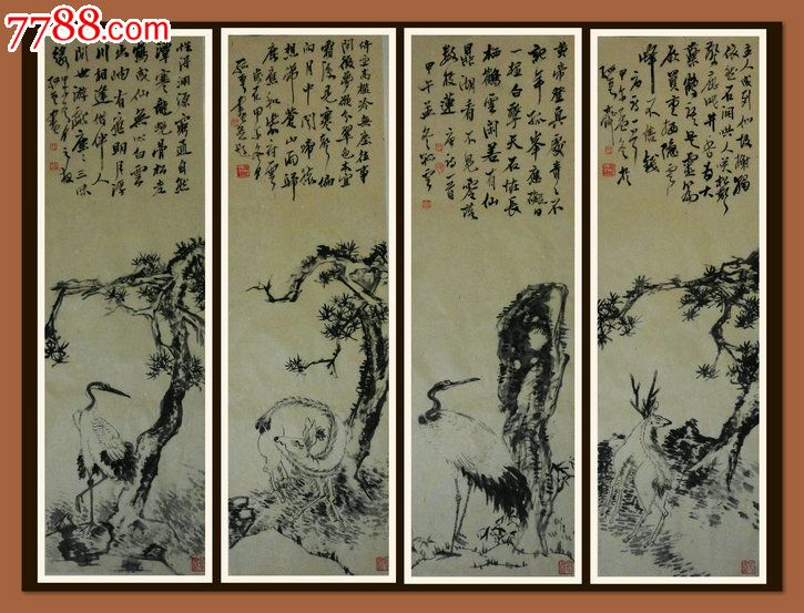 松鹿鹤四条屏