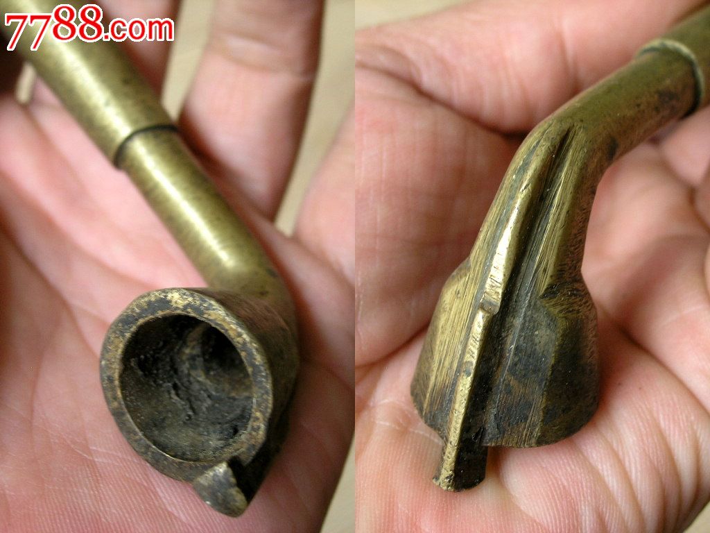 烟具收藏150808-民国边疆大号老包浆长杆带冠铜烟锅烟嘴10.8cm