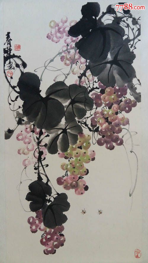 著名画家刘春华"葡萄,蜜蜂"花鸟画(保真)_花鸟国画原作_小草斋【7788