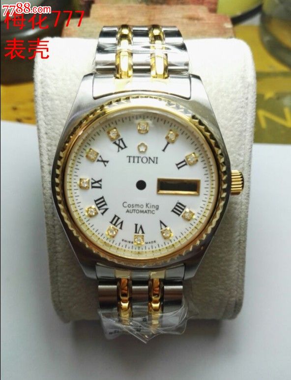 梅花表壳777装2836机芯间金色单日历带压圈