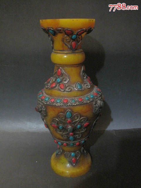 古玩古董收藏品清代珍品老琥珀老蜜蜡镶嵌松石多宝花瓶净瓶摆件