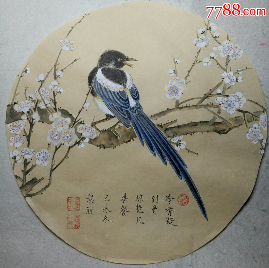 纯手绘没骨画花鸟团扇