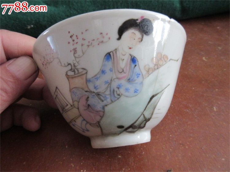 民国名家胡义成造仕女粉彩人物花碗盖碗扣碗老碗收藏古瓷器标本