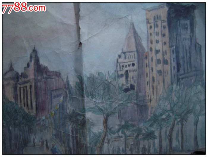 七十年代上海外滩景观水粉画一张