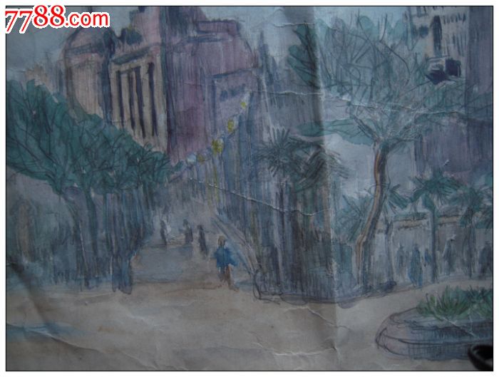 七十年代上海外滩景观水粉画一张