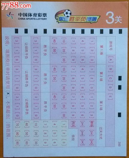 中国体育彩票--单场胜平负竞猜投注单(3关)