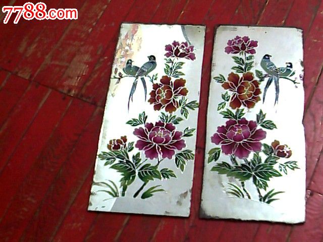一对牡丹花玻璃画