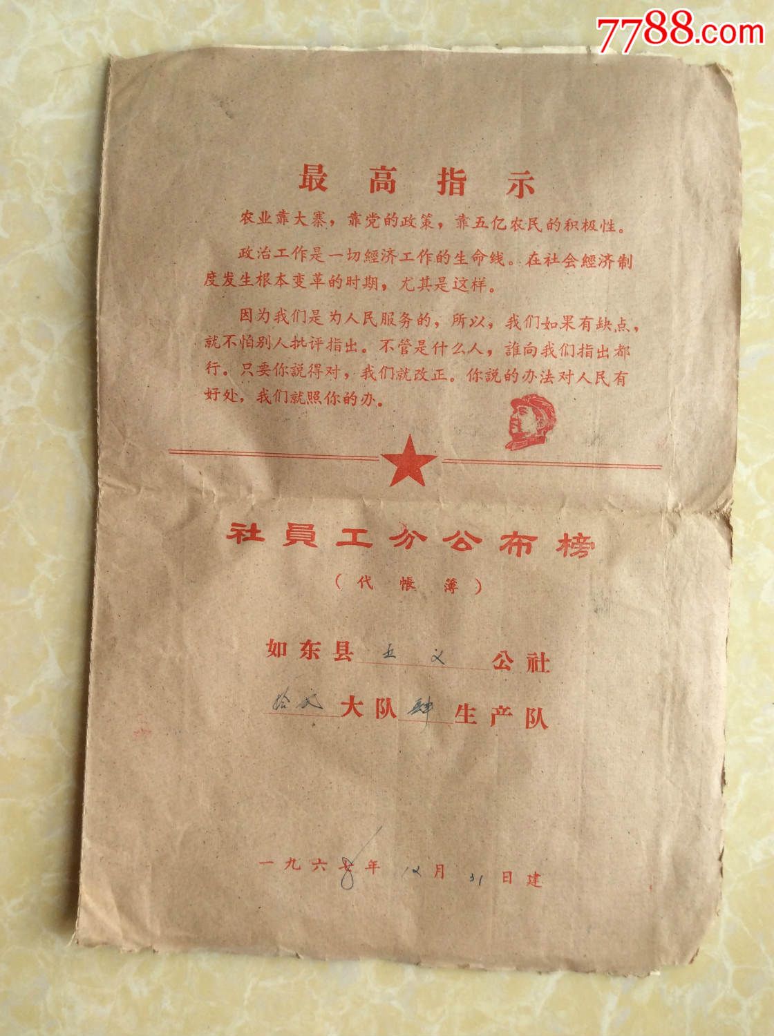 1968如东县丰利区五义公社十二大队四生产队【社员工分公布榜单】代