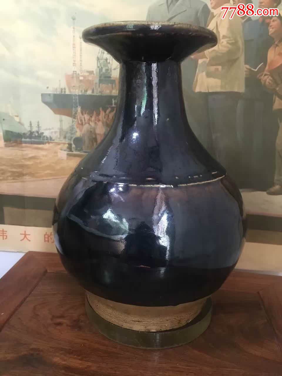 清代黑釉盘口油锤瓶