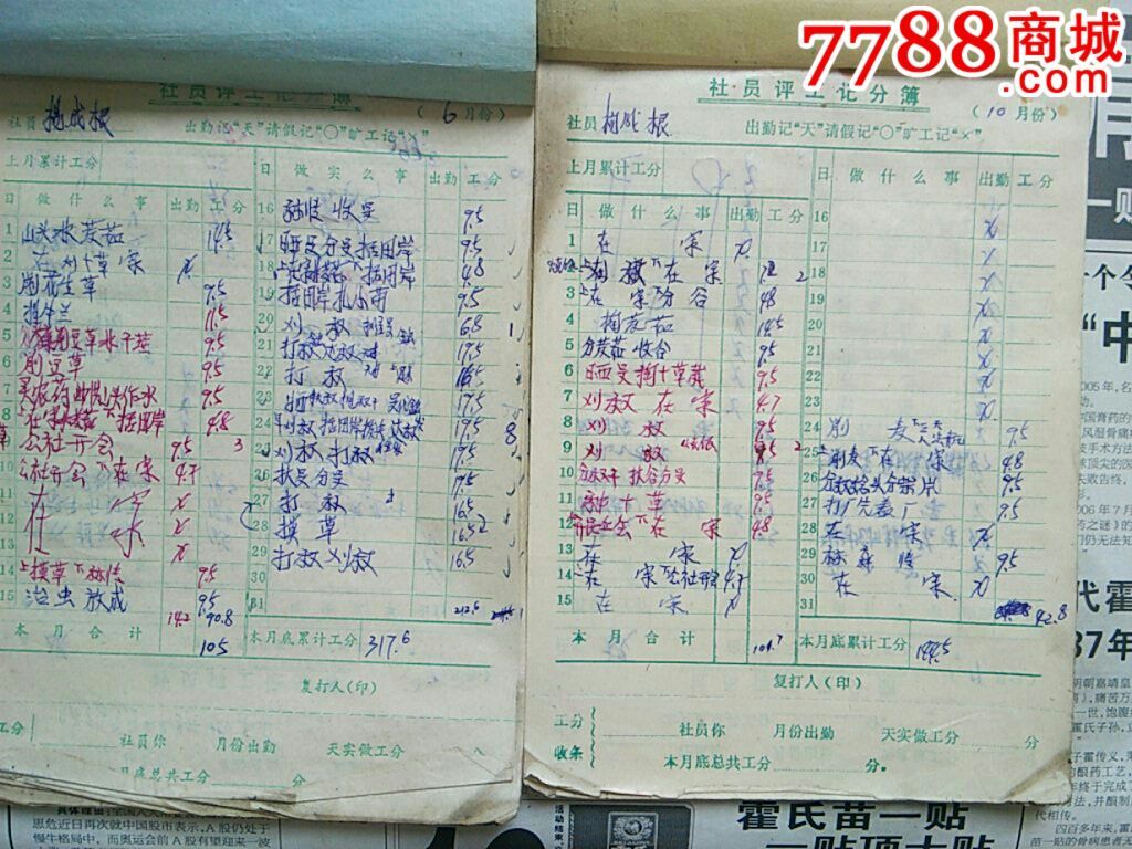 人民公社社员记工评分账本图片