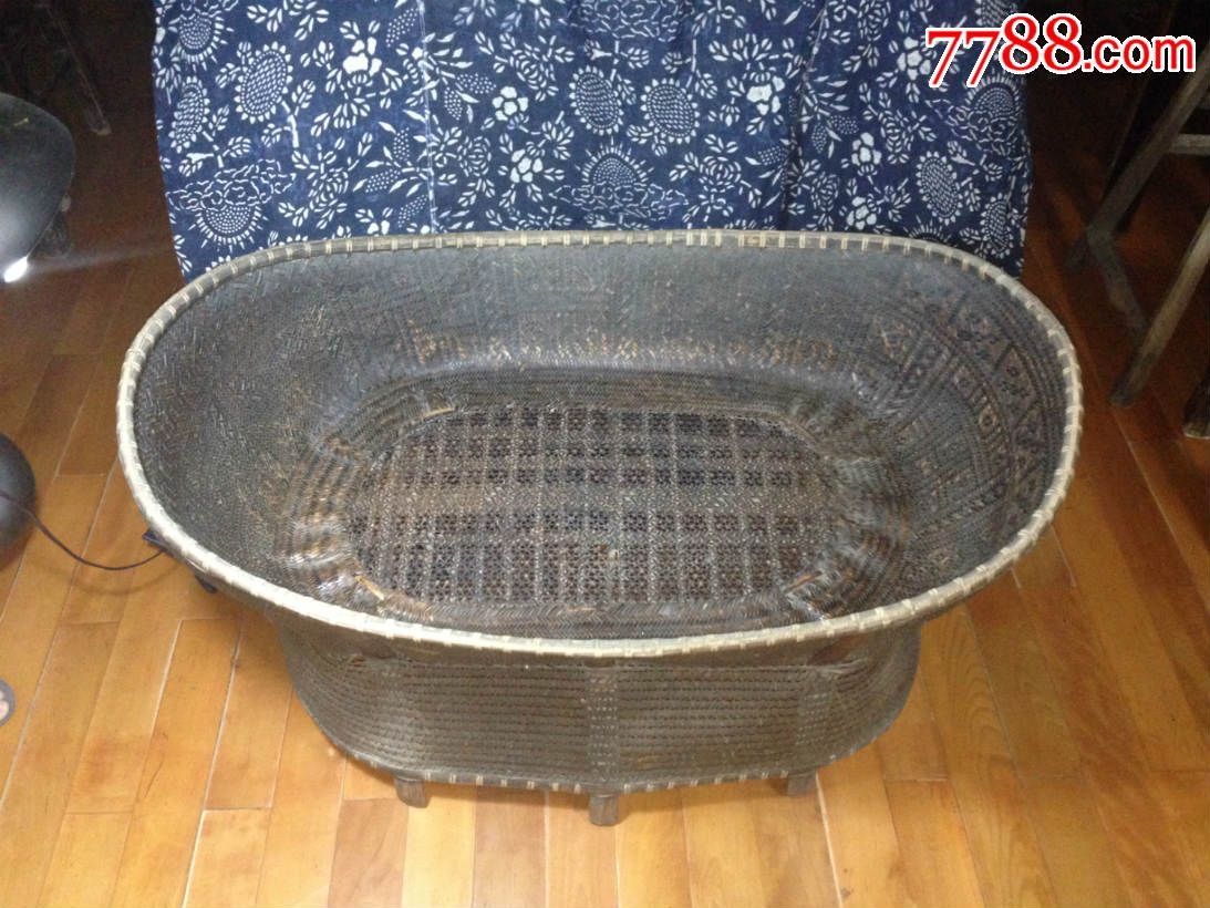 古董古玩收藏清代杂项婴儿藤篮睡篮摇篮有铜钱竹篮