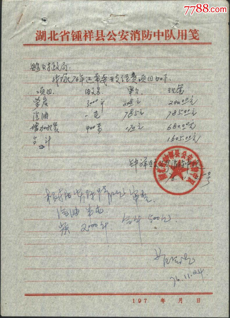 1976年钟祥县*安消防队关于消防车烤火费的请