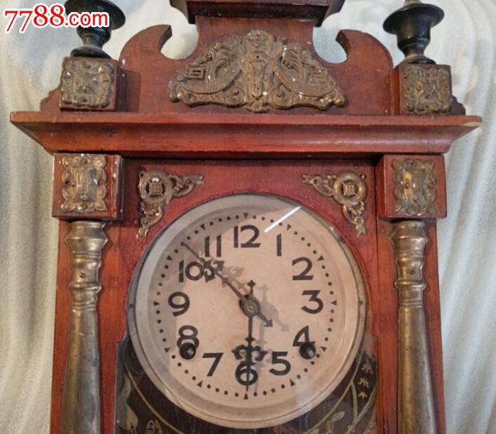 民国玻璃画红双喜八仙兵器谱图盛利造钟厂古董马头钟座钟钟表包老